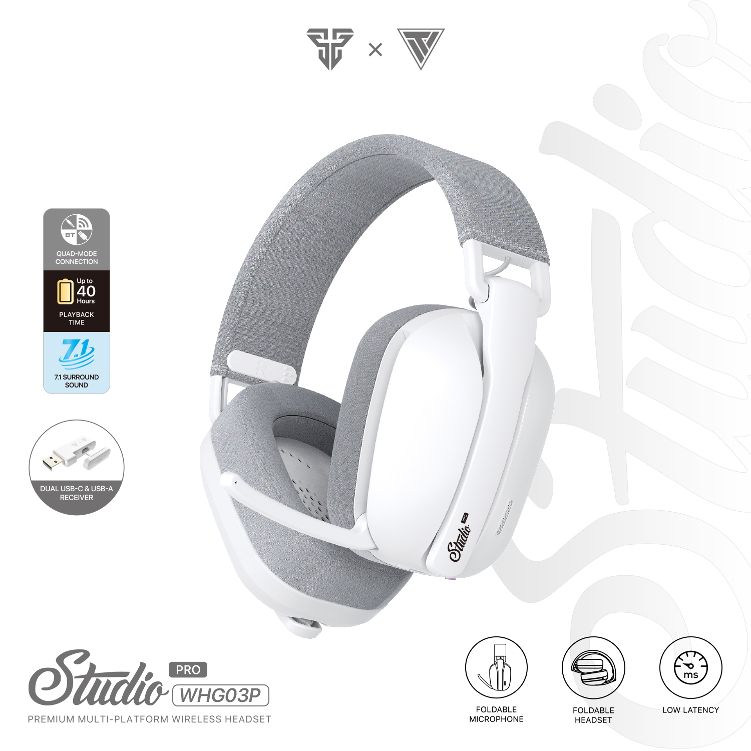 FANTECH WHG03P STUDIQ Wireless Headphones ENC Call Noise Reduction Bluetooth 5.3 7.1Surround Headset with Microphone for PS4 PS5. 