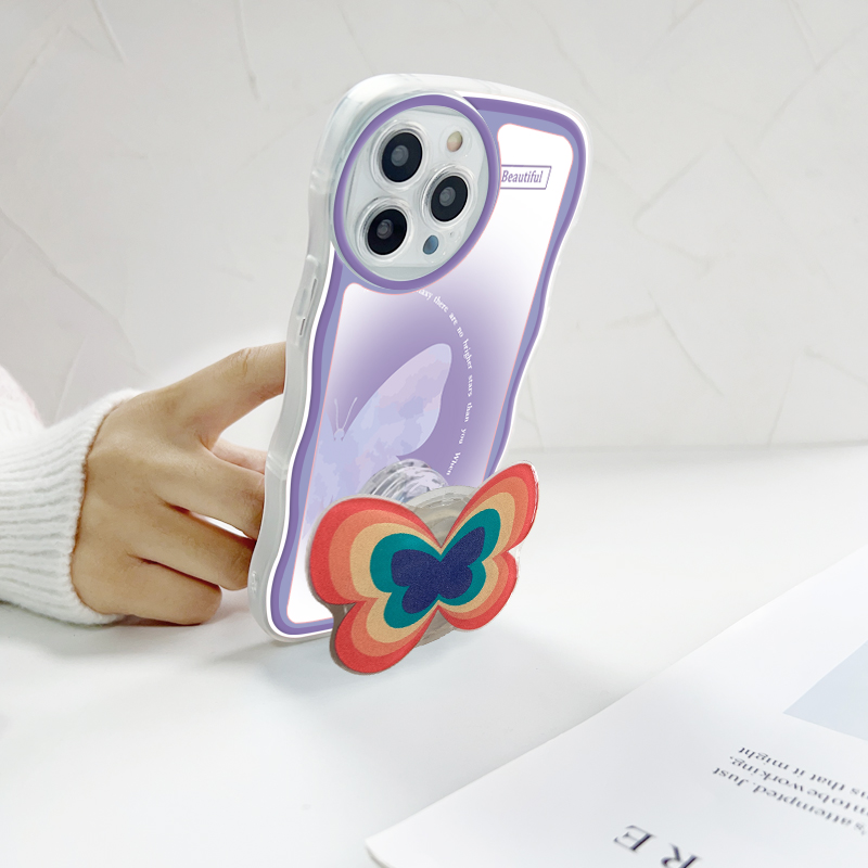 Jizetin for iPhone 13 Mini Back Cover + Free Pop Socket Colorful Butterfly Soft Wavy Shape TPU Phone Case For Girls Boys. 