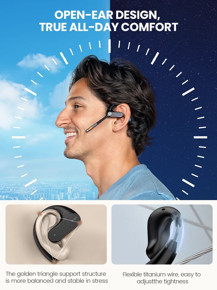 EKSA S30 Bluetooth 5.3 Headset for Office/Meetings/Music Air Conduction Open-Ear Wireless Headphones with 4 Mic ENC 70H Playtime. 