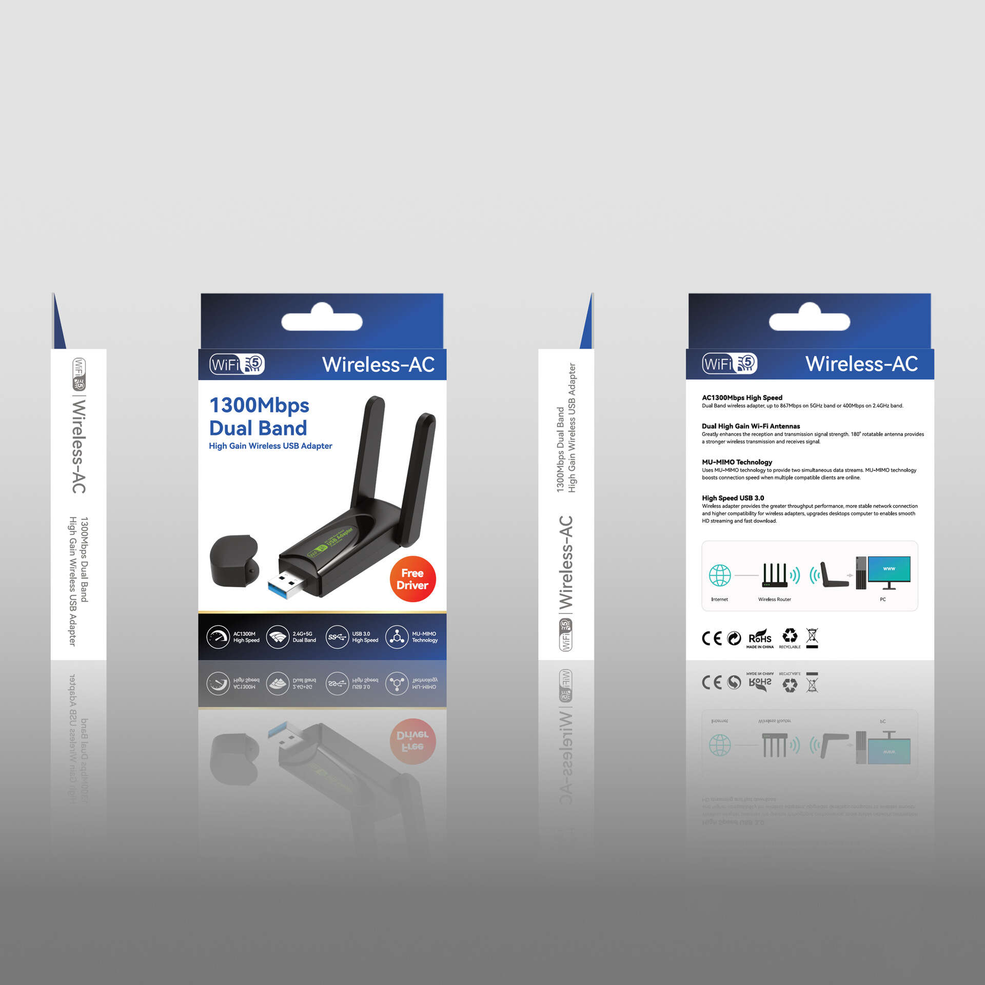 Driver free USB wireless card router WiFi network signal computer receiver 5G dual band gigabit 1300M. 