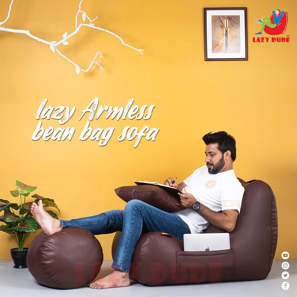 LAZY DUDE PREMIUM QUALITY COMBO Set Armless Lazy Bean Bag Sofa XXL Size Lazy Sofa, Footrest, Cushion - Dark Chocolate. 