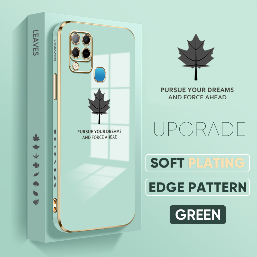 Jizetin (Free Lanyard) for Infinix Hot 10S / Hot 10S NFC Back Cover Maple Leaf Luxury 6D Plating Case Side Pattern Soft Silicone Square Phone Cases
