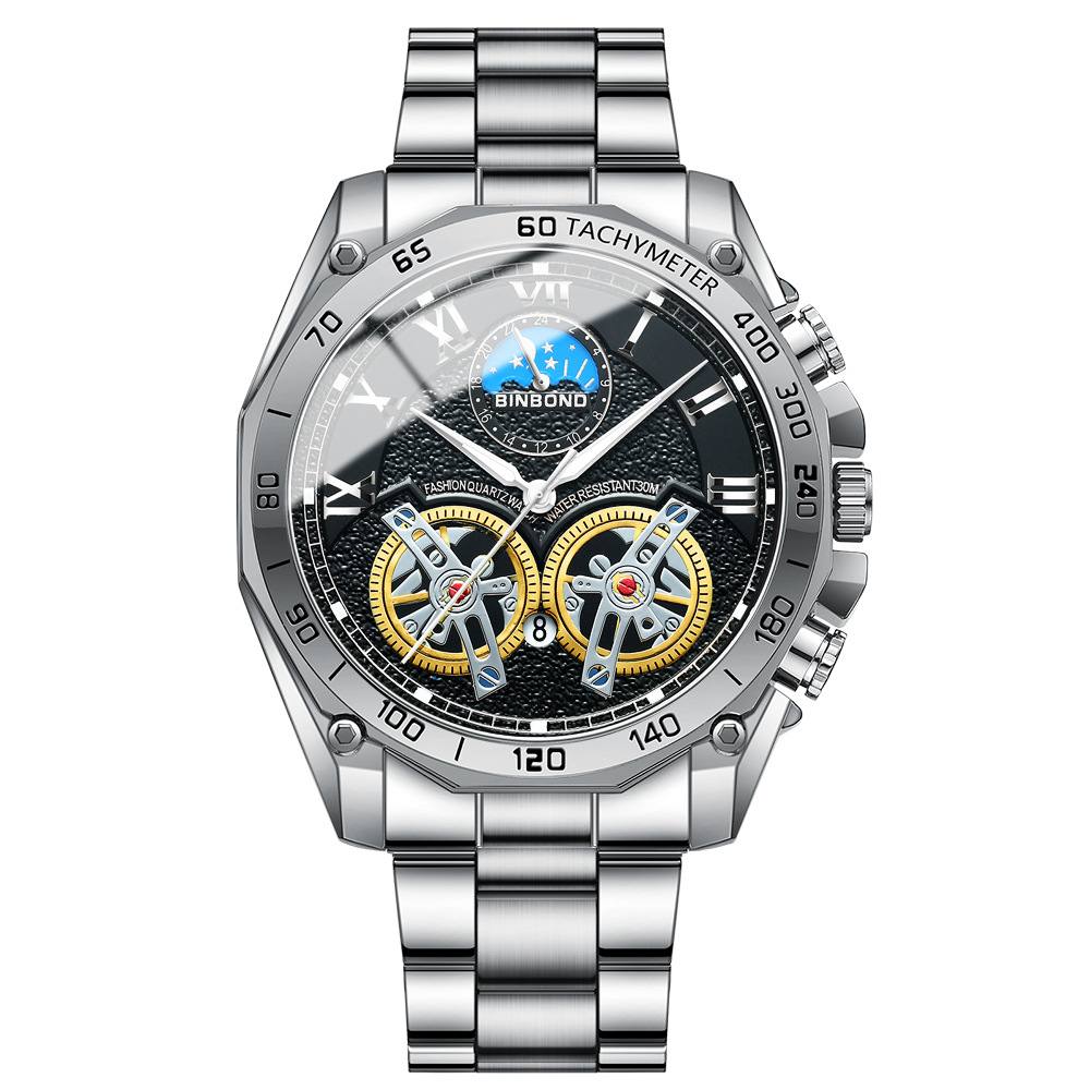 Double Tourbillon Watch Men's Non-Fully Automatic Machine Hollow Mechanical Watch Multi-Functional Fashion Luminous Waterproof Watch. 