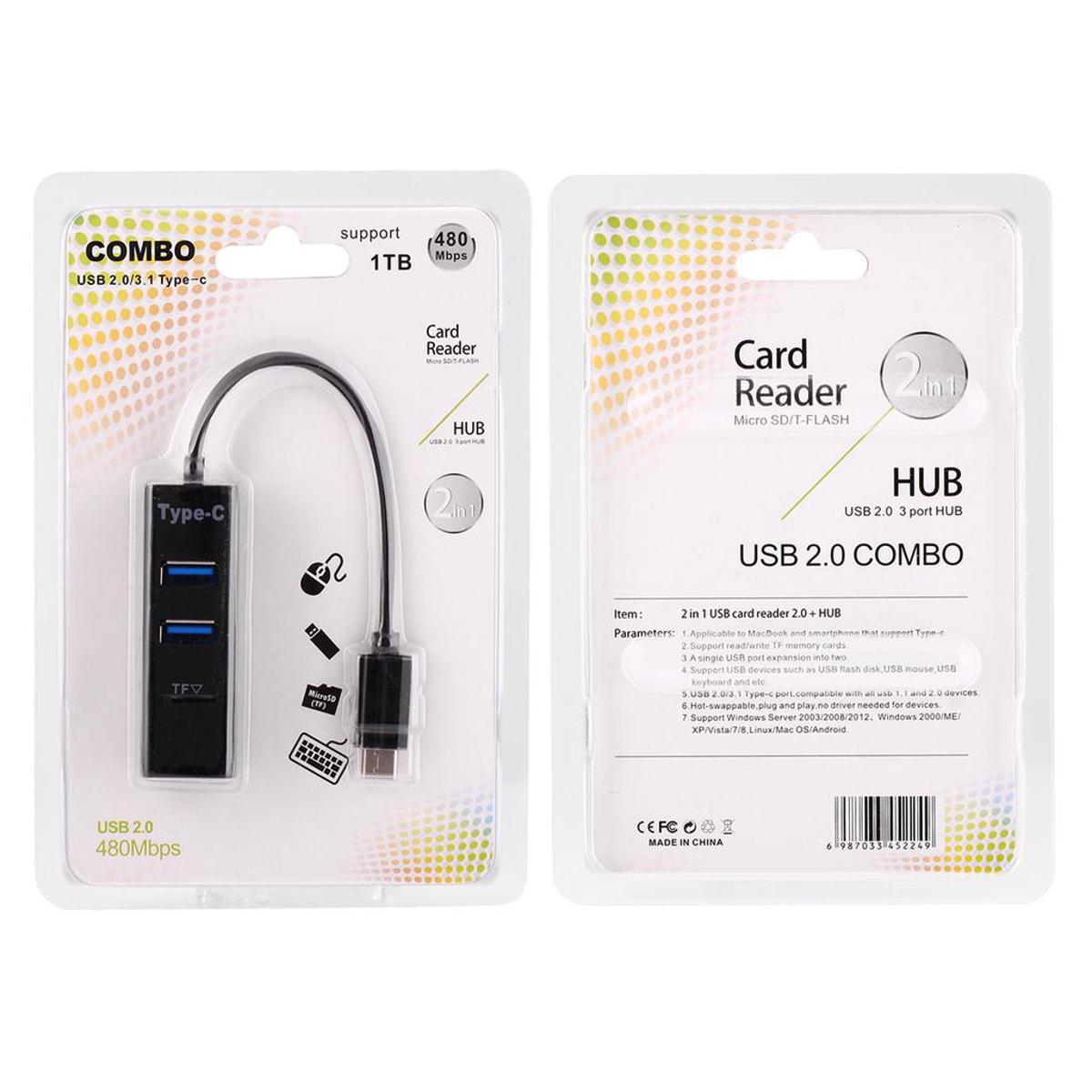 Type-C OTG USB 2.0 Hub 3 port Splitter Combo, SD/TF Card Reader