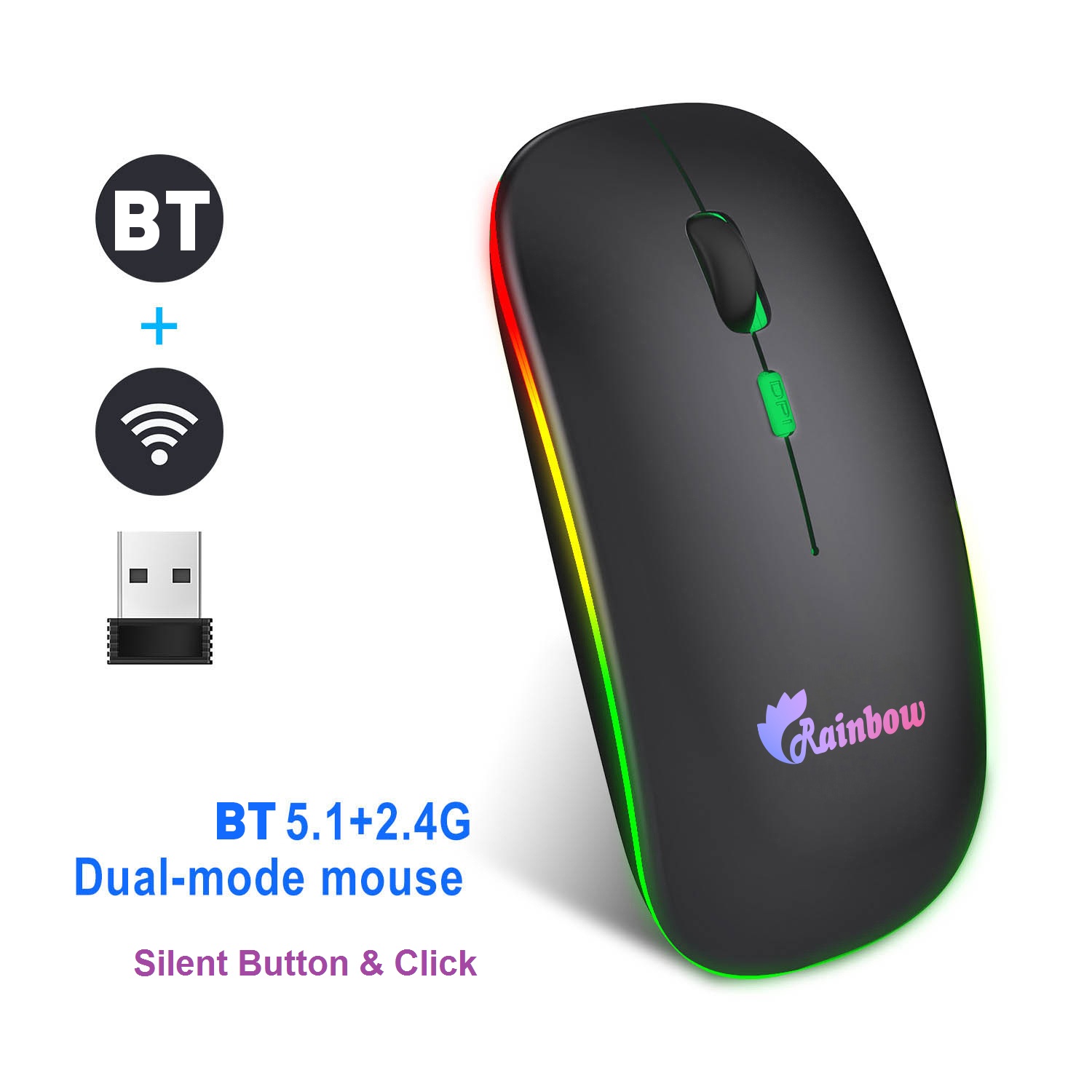 Rainbow Duel Mode Bluetooth Version Rgb Rechargeable Wireless Mouse - Effortless Wireless Connectivity For Gaming Enthusiasts