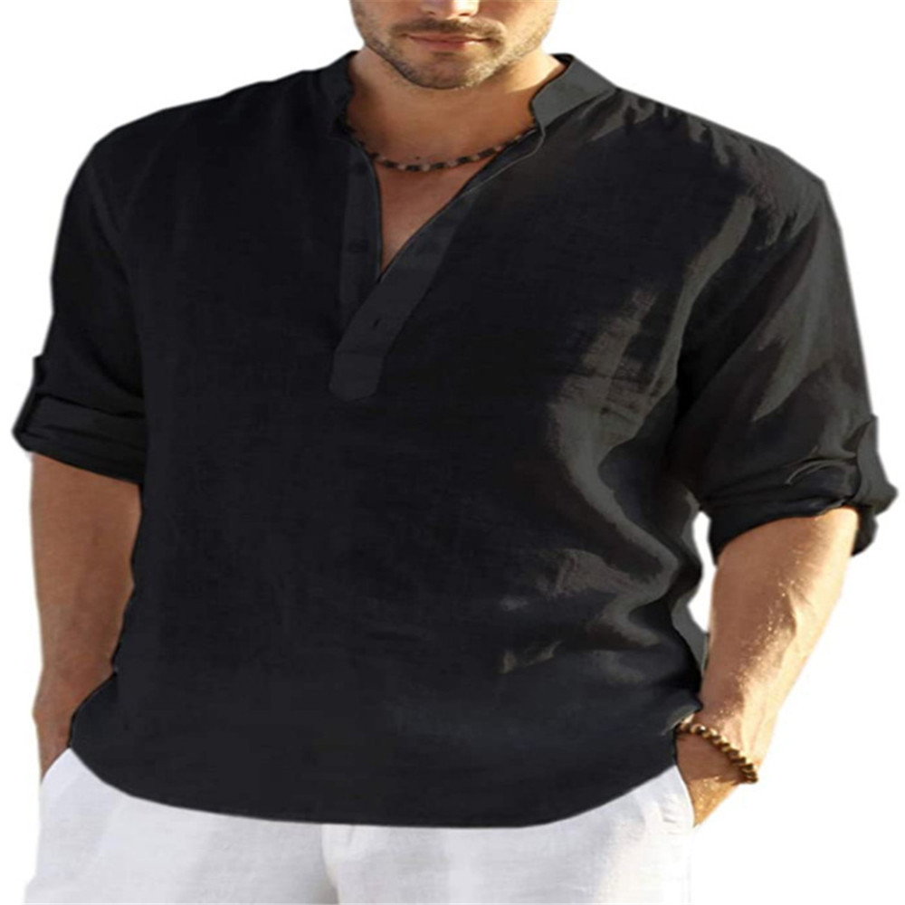 2023 Independent Station Europe and the United States Foreign Trade Men's Casual Cotton and Linen Solid Color Long Sleeve Shirt Loose Stand Collar Shirt Men's Spot