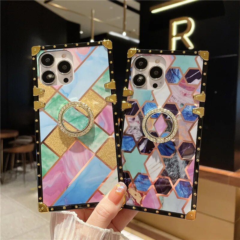 Luxury Diamond Bling Marble Square Phone Case For Samsung J2 J4 J6 Prime A50 A70 A10S A20S A30S A40 M21 M31 M12 A01 M32 A13 Lite. 
