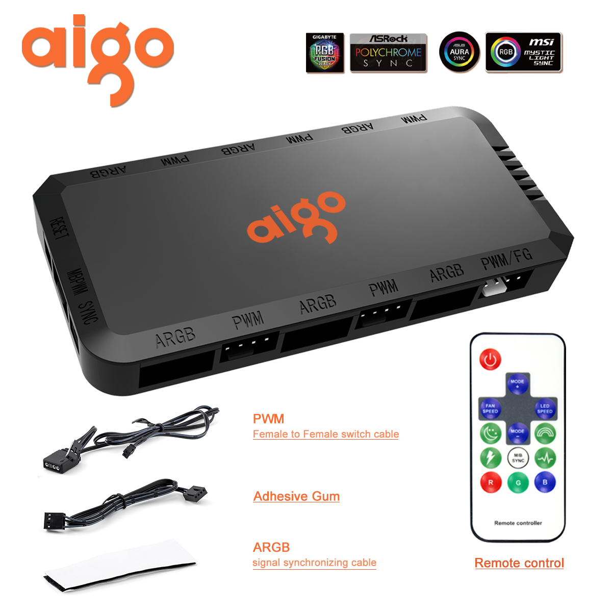 Aigo APC1 4Pin PWM 6 ARGB Ports 3Pin 5v Speed Controller Universal Computer Regulator PC Case Cooling Fan Hub remote control. 