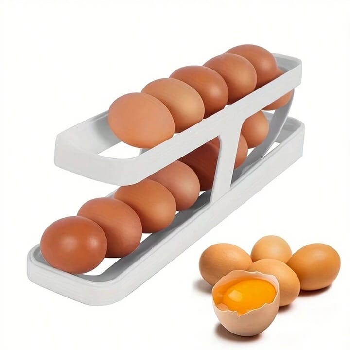 RTS Creative Plastic Slide Refrigerator Egg Holder Automatic Egg Rack Freshable Eggs Storage Container Dispenser. 