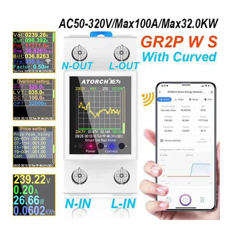 ATORCH GR2PWS Electricity Meter Tuya WiFi Rail Power Energy Meter. 
