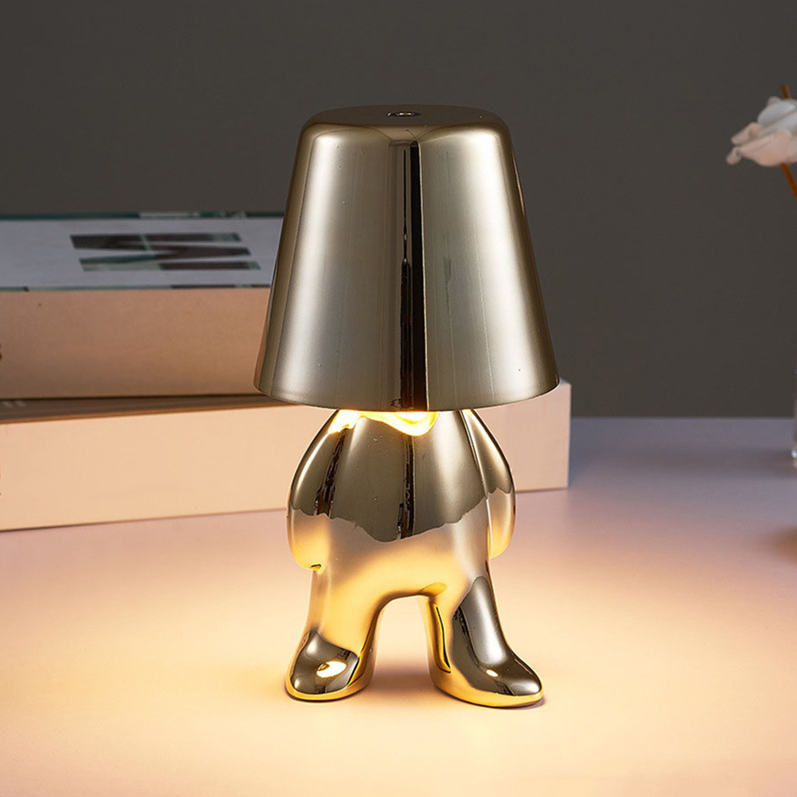 Lumina Table Lamp Touch Switch Little Golden Color Man LED Bedside Lamp Decoration. 