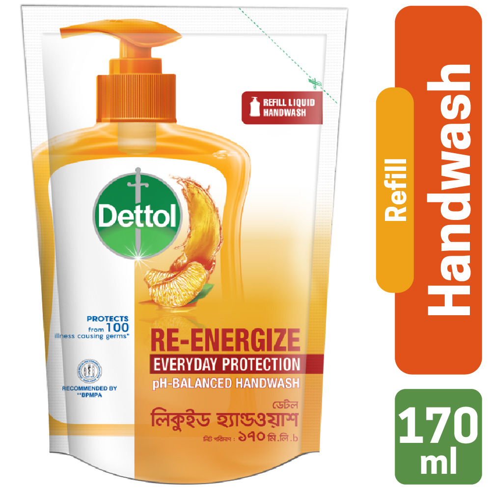 Dettol Handwash Re-energize 170ml Refill, pH-Balanced Liquid Soap formula