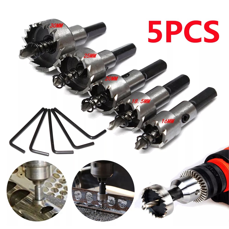 5Pcs HSS Hole Saw Kit Drill Bit Set Stainless Steel Metal Cutter Tool 16-30mm 
