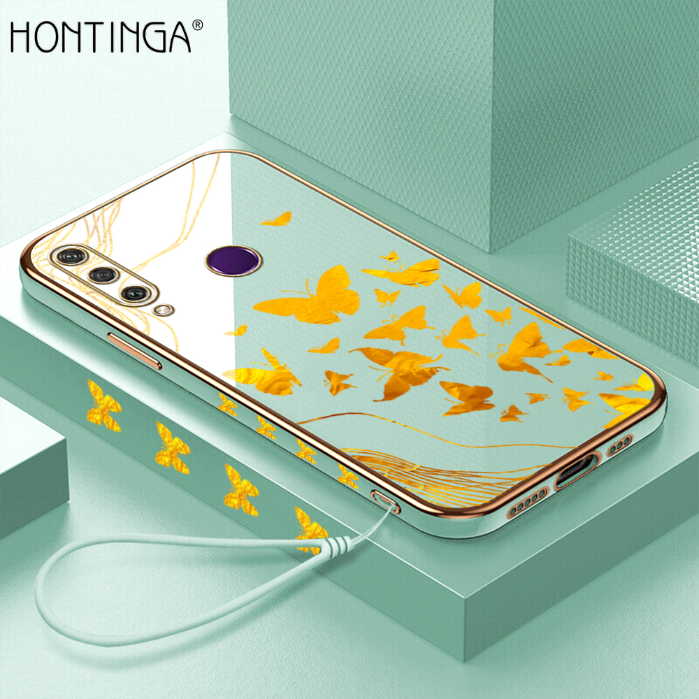Hontinga for Honor Y6P Back Cover With Lanyard Luxury 6D Plating Shiny Golden Butterfly Case Soft Silicone Square Mobile Cover