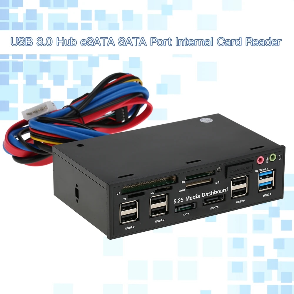 Multi-Function USB 3.0 Hub eSATA SATA Port Internal Card Reader PC Media Front Panel Audio for SD MS CF TF M2 MMC Memory Cards. 