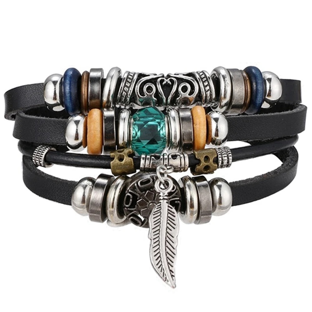 Vinatge Gothic Punk Moon Star Metal Multilayer Leather Bracelet Men Leaf Bracelets Bangles Male Arm Sun Jewelry Wholesale