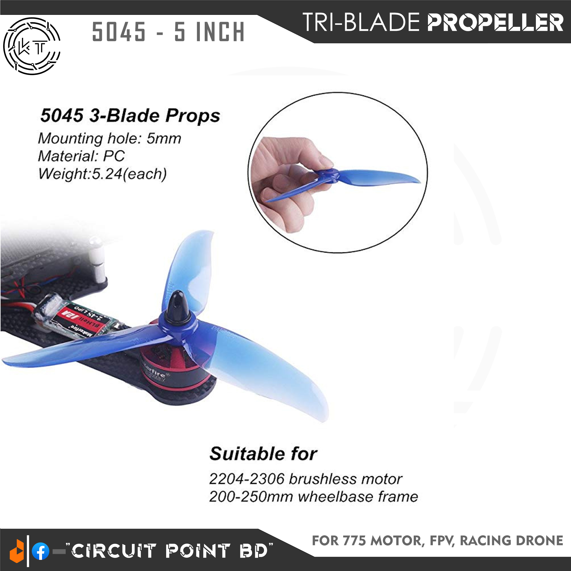 2Pcs 5 Inch Propeller (CW + CCW) 3 Blade / Tri-Blade High Quality Props for Drone, FPV Racing Drone, Plane or Drone Camera.. 