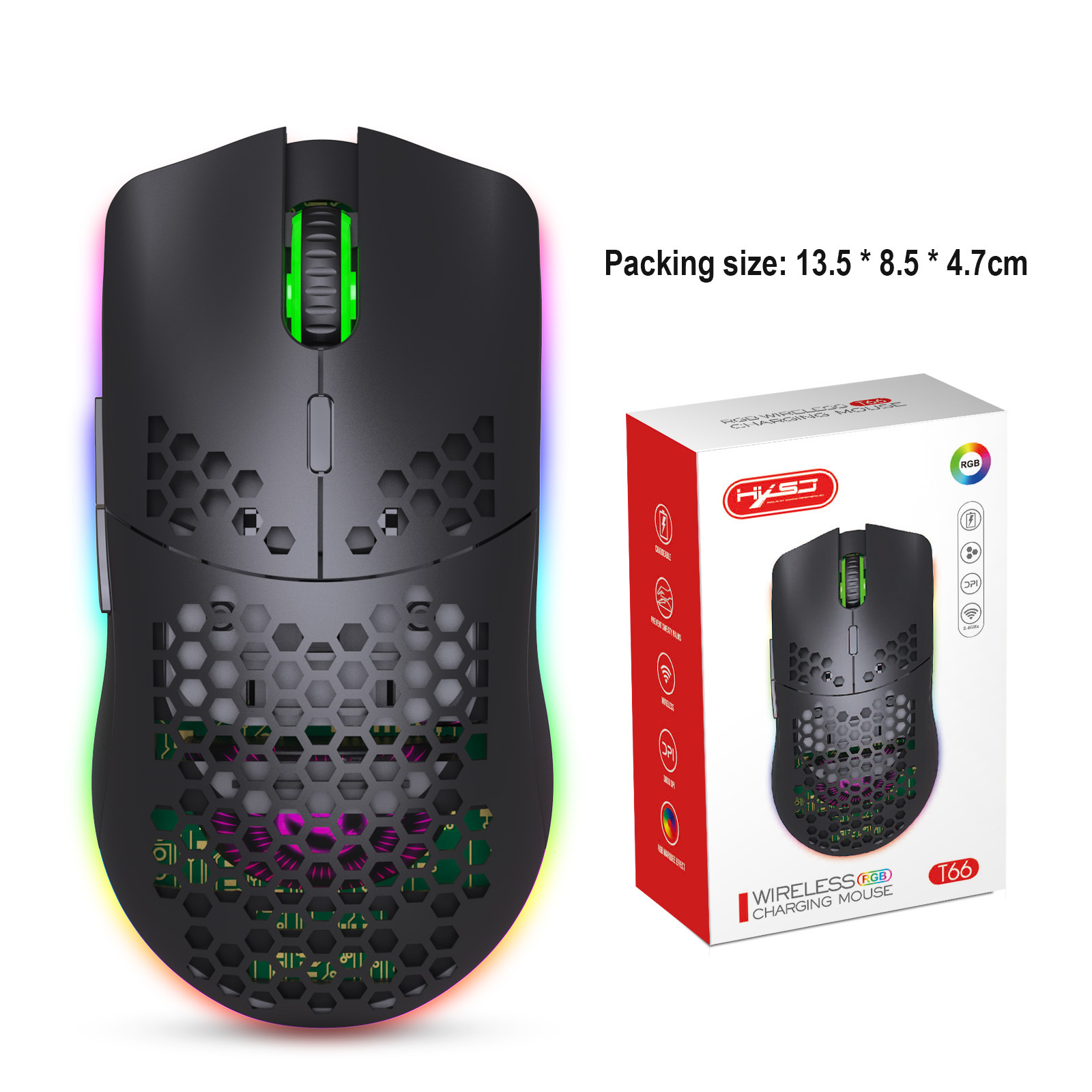 HXSJ T66 RGB 2.4G Gaming Mouse RGB Lighting Charging Mouse with Adjustable DPI Ergonomic Design. 