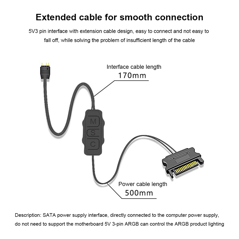 SATA To 5V 3 Pin ARGB Controller Cable Mini Adapter Controller SATA Power Supply RGB Lengthen Cable for Cooling Fan Light Strip. 