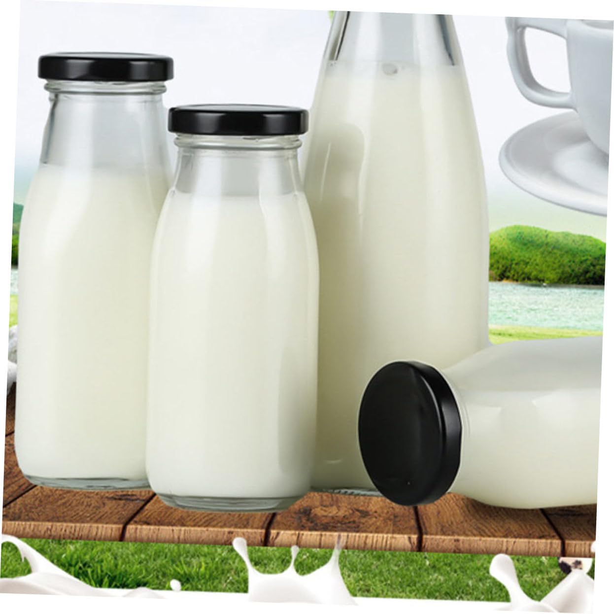 300 Ml Glass Short Height Milk Bottle with Cap, Reusable Juice Beverage Container. 