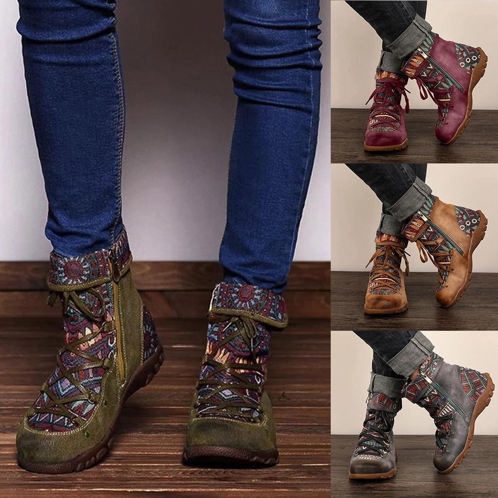 Casual comfy genuine leather splicing jacquard lace hot sale up zipper flat boots