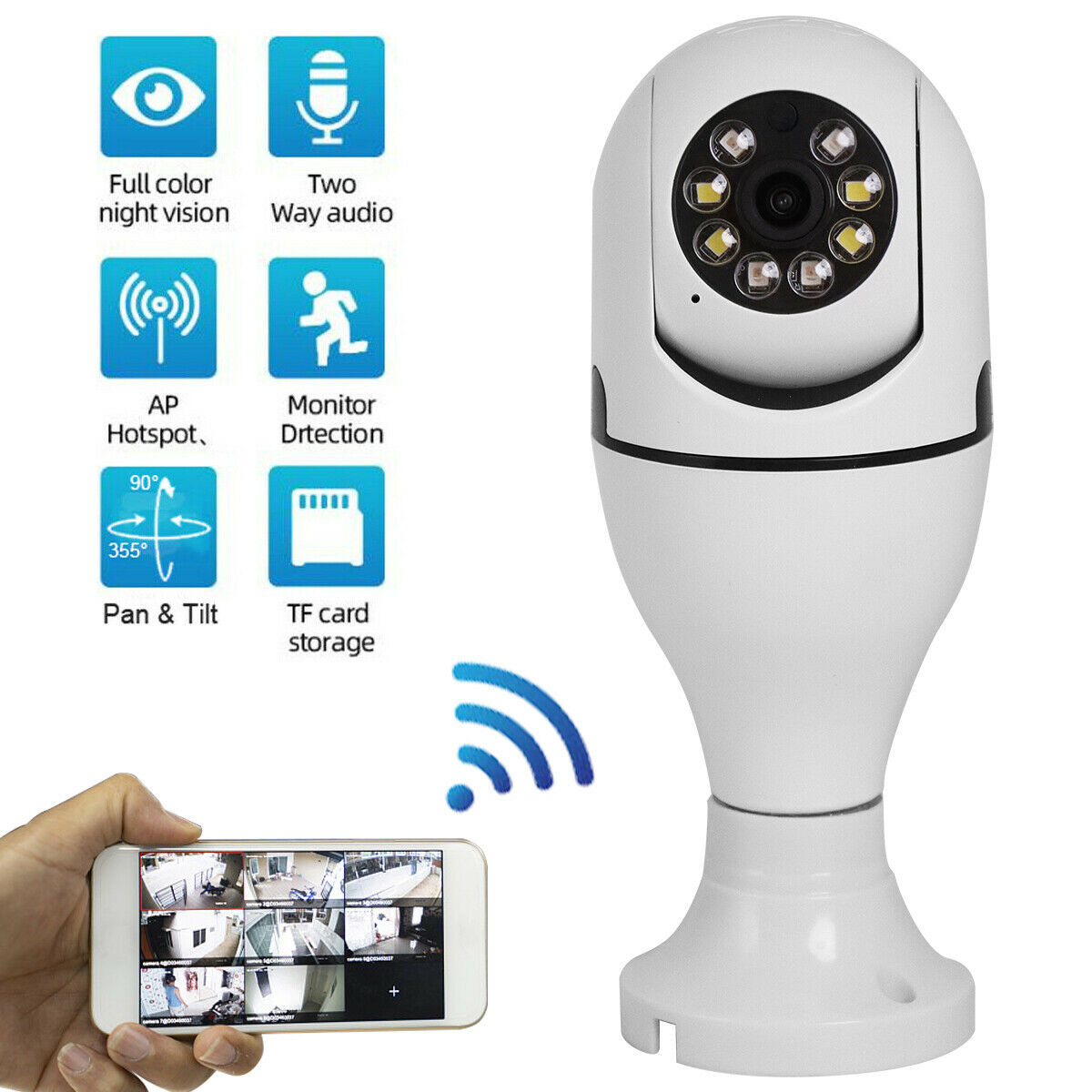 Full Colour WiFi 1080P Smart Home Surveillance Camera with Motion Detection Alarm Night Vision Two Way Talk Indoor Outdoor CCTV Camera Light Bulb. 