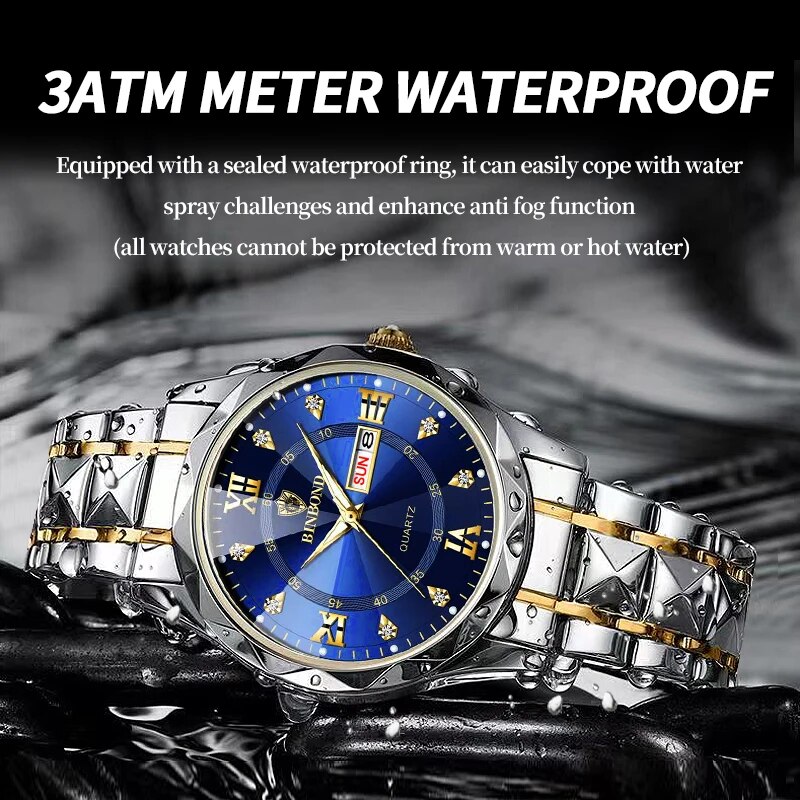 BINBOND Men Watch Stainless Steel Top Quailty Luxury Push Button Hidden Clasp Waterproof Luminous Date Week Sport Wrist Watches. 