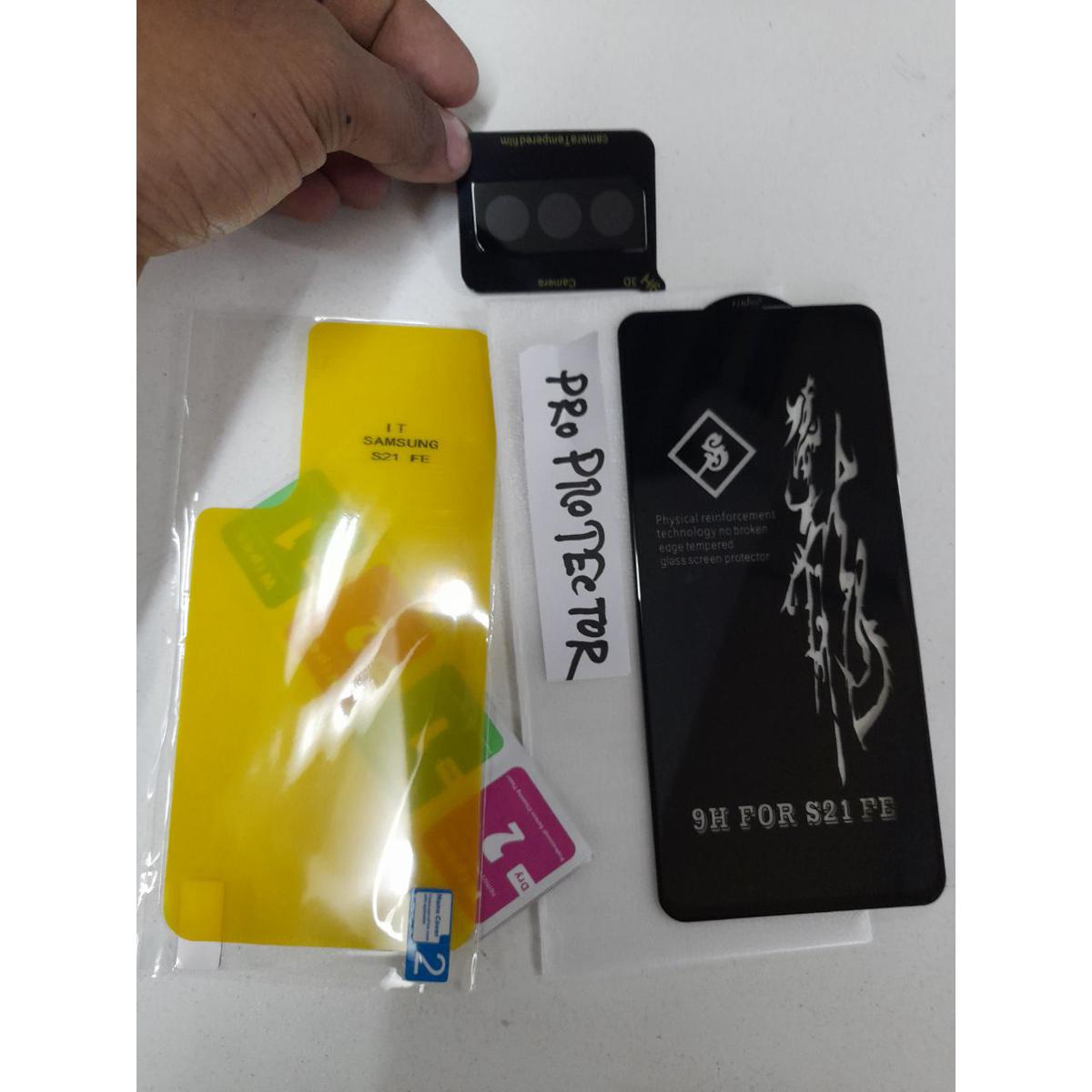 ( 3 IN1)For Samsung Galaxy S21 FE 5G (S21FE)  Premium Scratch Proof Curve Tempered Glass Screen Protector+Full camera lens+Back jell poly=3pcs