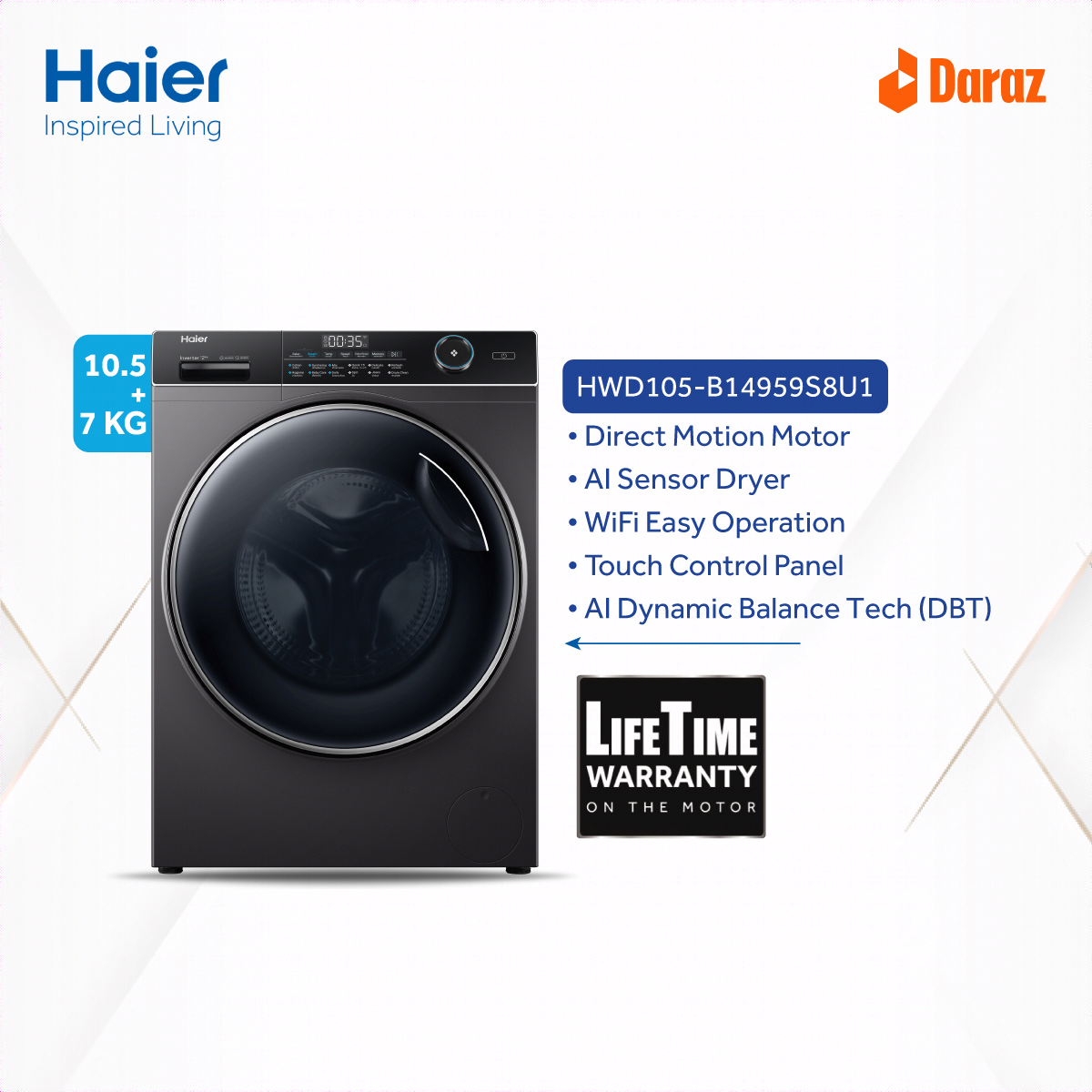 Haier Washer Dryer Combo 10.5KG wash + 7KG dry/525 drum/steam wash/DD motor/wifi (HWD105-B14959S8U1). 