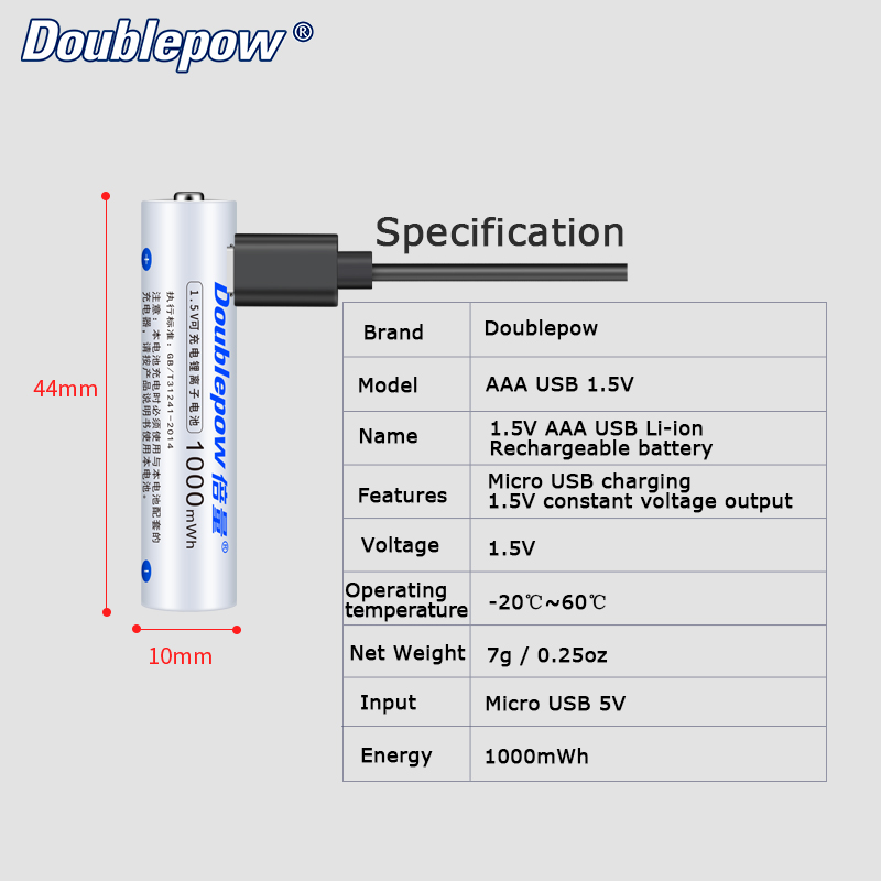 Doublepow AAA Size 1.5V 1000mWh High Capacity Li-ion Rechargeable Battery With Built-in Micro USB Direct Charging Port & LED Indicator (2 Pieces Pack) - High-Energy Replacement for Dry Cells 1.5V AAA Solutions - 2 Pieces. 