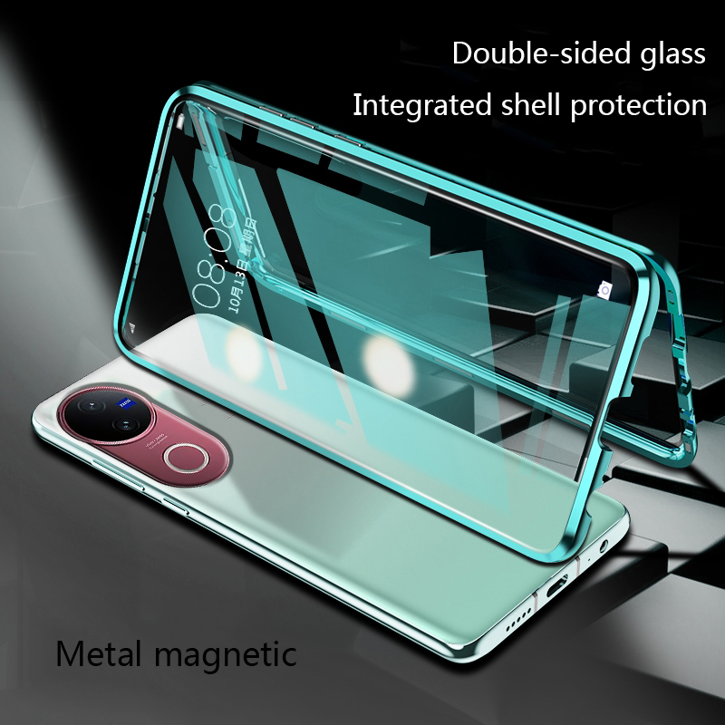 Biruiqu For VIVO V50 Magnetic Absorption Case Metal Frame Shockproof Double Sided Tempered Glass Magnetic Case Cover