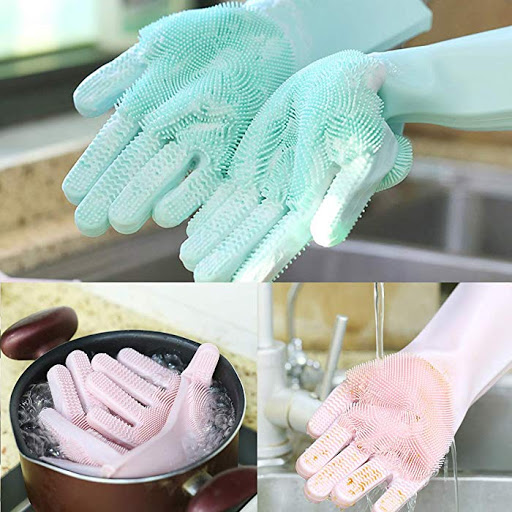 Silicone Cleaning Gloves with Wash Scrubber Reusable Brush Dish