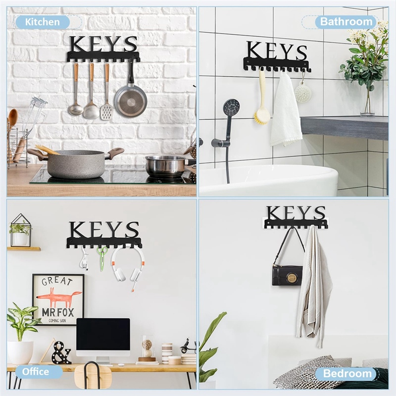 Key Holder Wall Mount, Black Key Hanger Wall Decorative Key Rack Organizer Metal Keychain Holder with 10 Key Hooks Easy Install Easy to Use. 