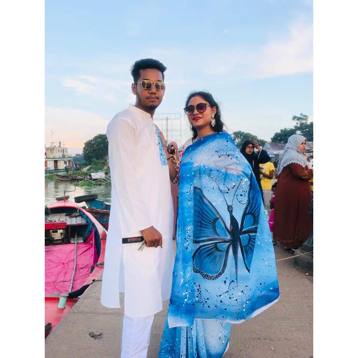 Half Silk Hand Print Saree and Punjabi Couples Set (Sari and Punjabi)