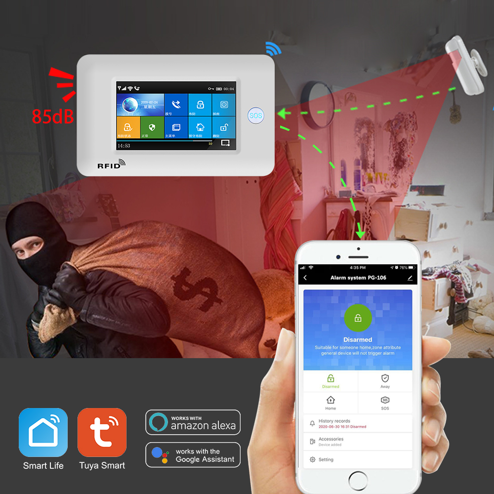 YUPA Burglar Home Security Alarm System 4.3 Inch Touch Panel WIFI GSM Wireless With Motion Sensor TUYA App Compatible With Alexa. 