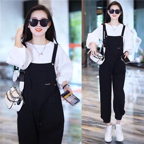 Spring and Autumn New Hong Kong Style Age-reducing All-match Denim  Suspender Pants for Female