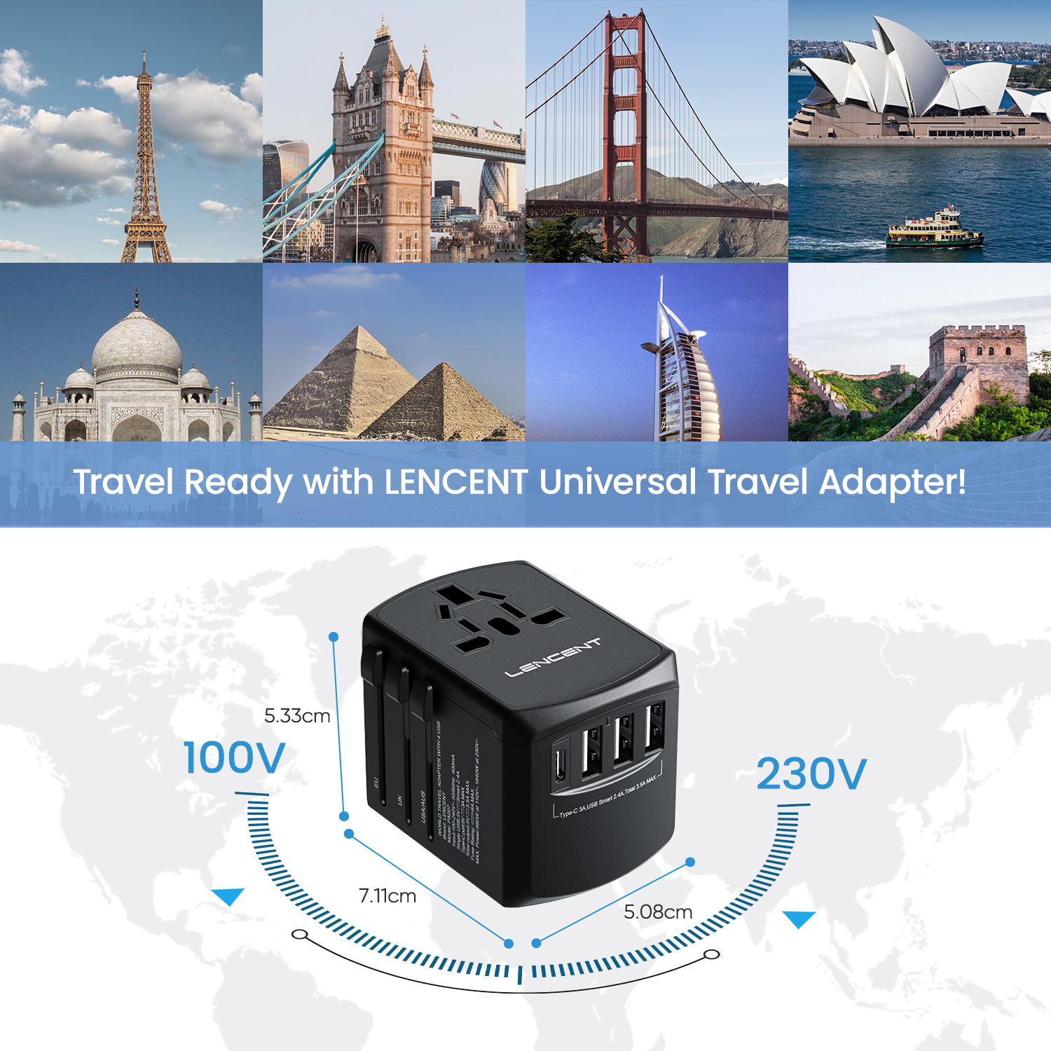 [NEW VERSION]LENCENT Universal Travel Adaptor with UK/USA/EU/AUS Worldwide Travel Charger Plug, 3 USB Ports and 1 Type C International Wall Adapter & Universal Socket for Travelling over 200 countries for iphone xiaomi Huawei and so on. 