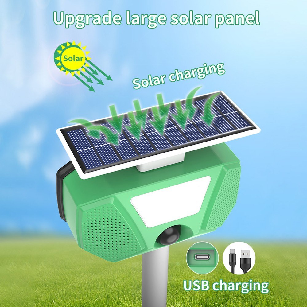 Solar Mole Repellent Ultrasonic Outdoor Pest Bird Squirrel Animal Repeller IP66 Waterproof 110° PIR Sensor Auto Motion Detection with Flash LEDs Voice Alarm Detachable Rod. 