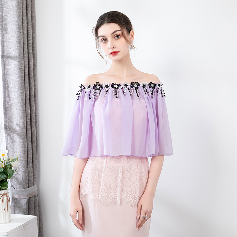 One-shoulder shawl summer wedding dress lace thin ceremonial chiffon cape dress plus size double wear accessories black and white cape