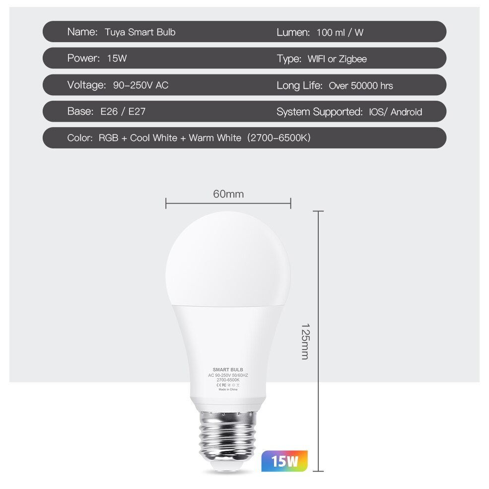Zigbee 3.0 Tuya Smart Led Bulb Light Table Lamp E27 Wifi RGBCW Color Changing Dimmable 15W Works with Hue Alexa Echo Google Home. 
