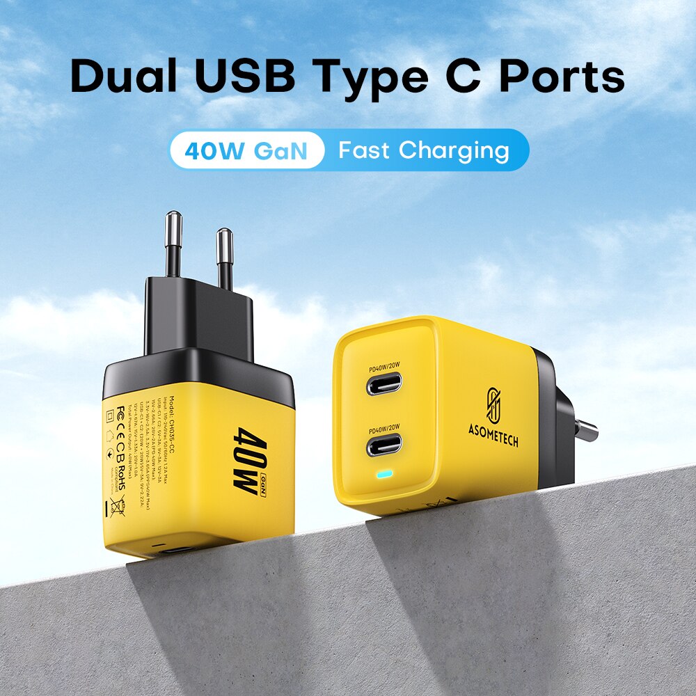 ASOMETECH 40W GaN Charger Dual USB Type C Fast Charger QC4.0 PPS PD Portable Phone Charger For iPhone 14 Samsung S23 iPad Tablet. 