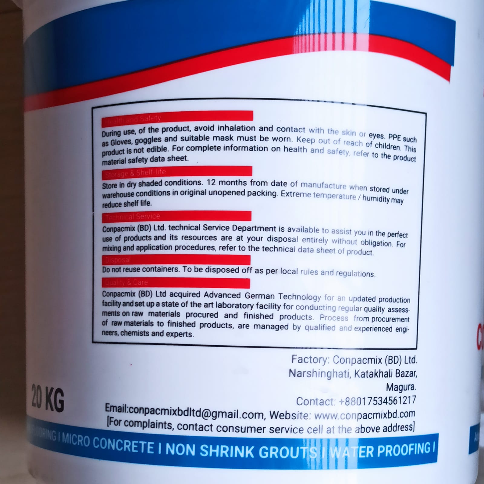 Construction chemical point seller "BP-MegaAdd WL1" Integral Waterproofing Admixture for concrete and mortar color druck brown. 