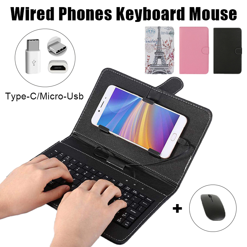 Portable Type-C/Micro-Usb Wired Phone Keyboard Mouse Set With PU Leather Cover ,Phone Keyboard and Mouse for Android With OTG Function For Online Classroom Learning Home Office Android Cellphone Keyboard
