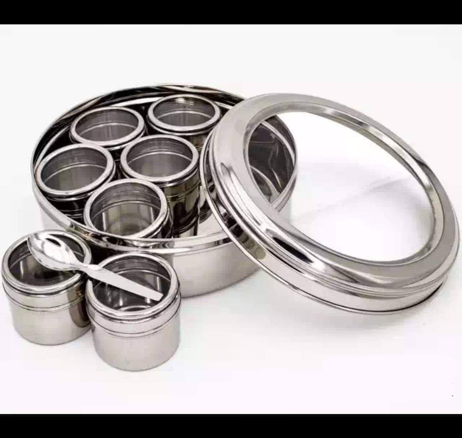 7 in 1 Stainless Steel Airtight Multi Masala Box/Organiser with See through Lid, 7 Containers with lid. 