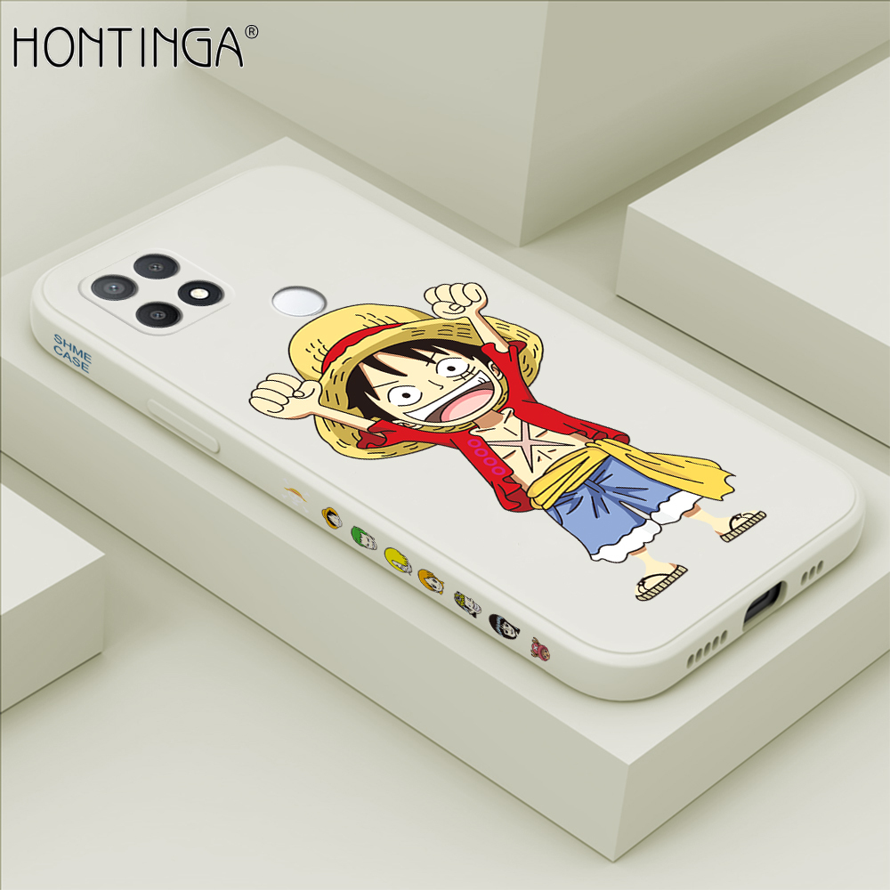 Hontinga for OPPO A15 A15S Case Side Design Anime Cartoon Luffy Back Cover Soft Square Edge Pattern Liquid Silicone Trend Phone Cases. 