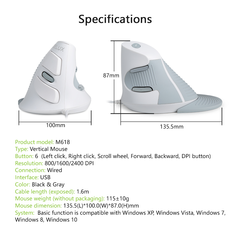 Delux M618BU White Wired Ergonomic Vertical Mouse 1600 DPI 6 Buttons Optical Right Hand Mice with Wrist mat For PC Lapt. 