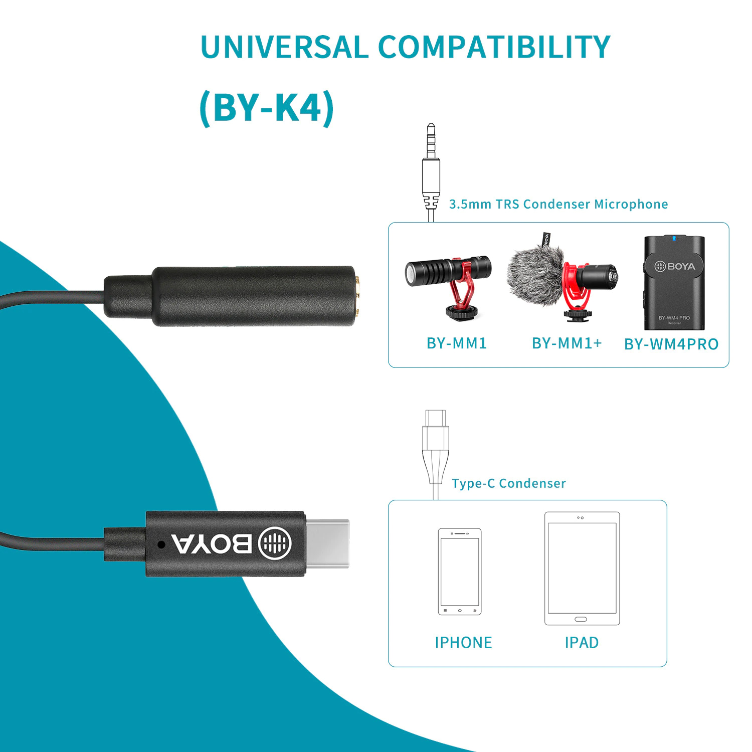 BOYA BY-K4 3.5mm TRS (Female) to Type-C (Male) Audio Microphone Adapter Converter for Android Phones Macbook iPad USB-C Devices