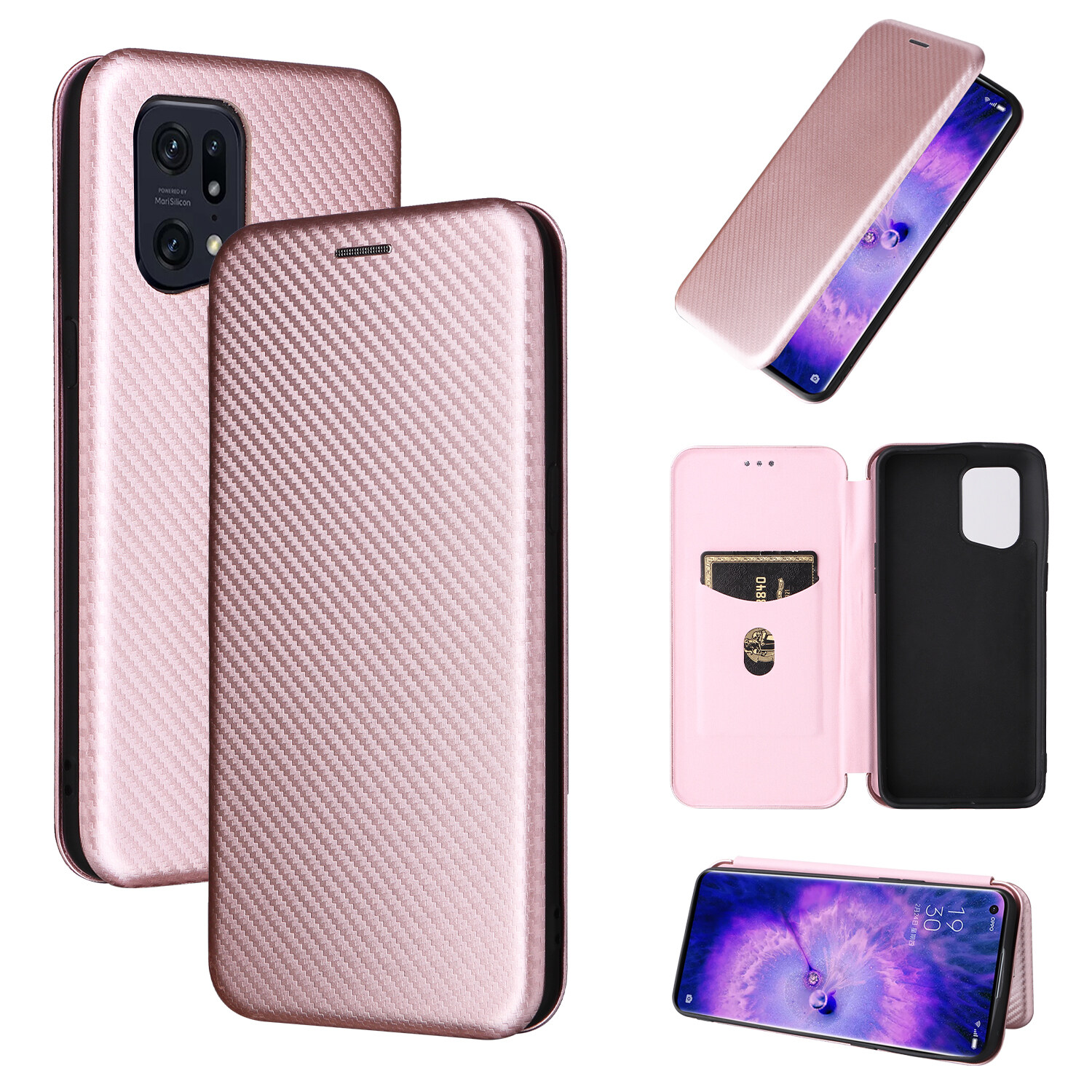 lthmy for Oppo Find X5 Pro Carbon Fiber Magnetic Closure with Card Slot Flip Case Cover