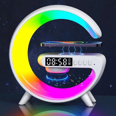 G Shape Google LED Wireless Charging RGB Bluetooth Speaker Clock and Rechargeable Table Lamp. 