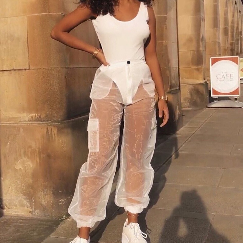 Women Transparent Pants Mesh Fashion Summer Breathable Decorative Loose Trousers Avant-Garde Clothing Sheer Pants. 